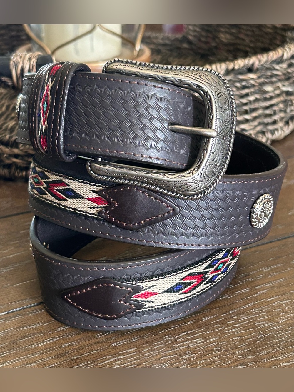 Southwestern Basketweave Brown Leather Belt Embroidered Aztec Inlay With Conchos